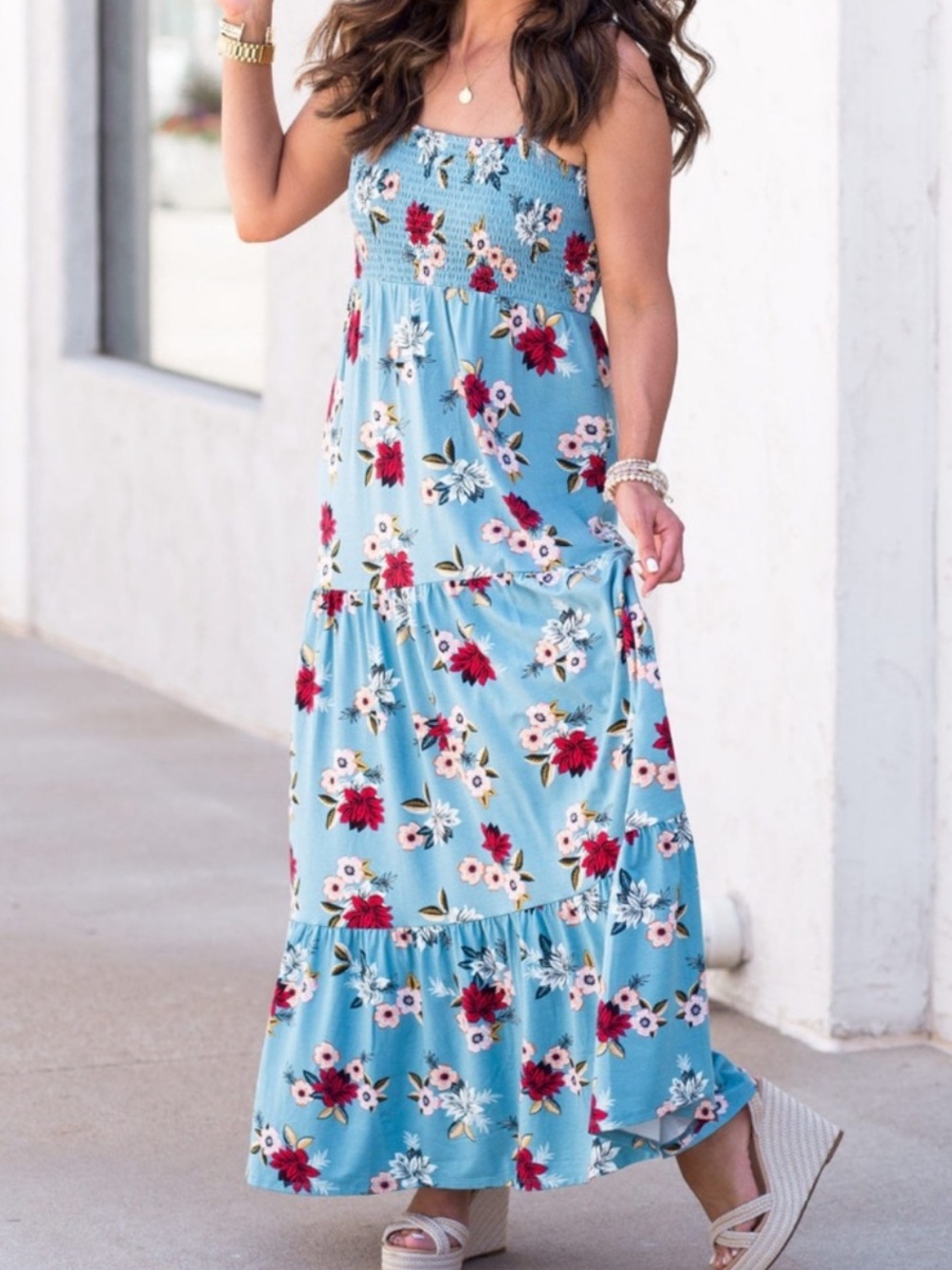 LOFT Floral Smocked Tiered Maxi Dress Medium Petite MP